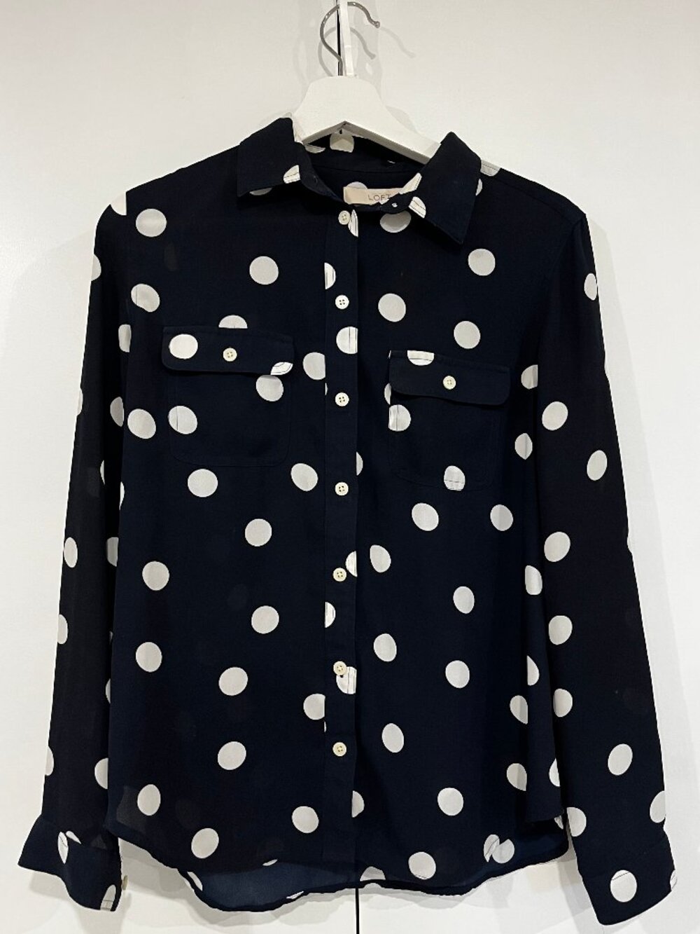 CUTE!  LONG SLEEVE POLKA DOT BLOUSE, NAVY BLUE, SMALL